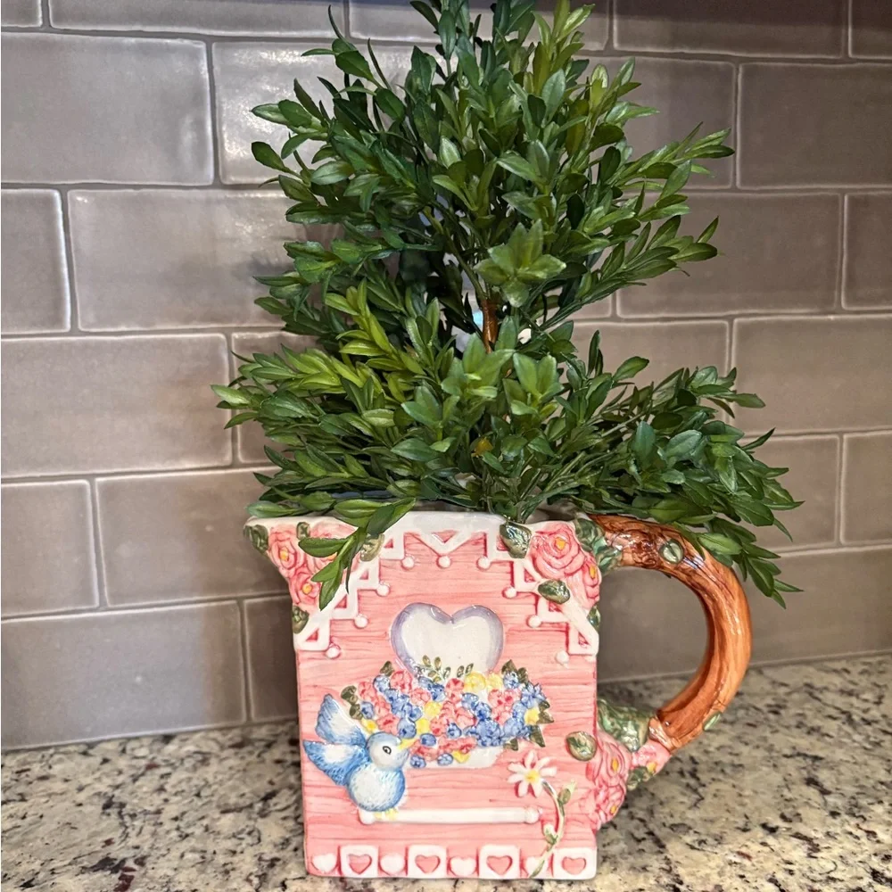 Vintage Kitschy Bluebird Floral Art Pitcher Planter 1996 Hearts W Branch Handle✨